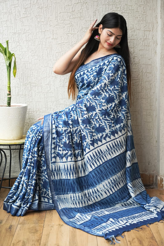HAND BLOCK BLACK & WHITE PRINTED COTTON LINEN SAREE WITH BLOUSE (LCS168)