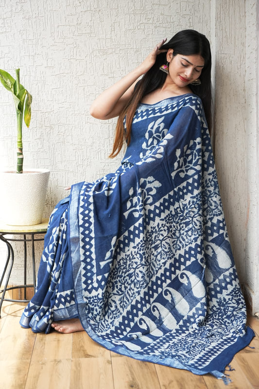 HAND BLOCK BLACK & WHITE PRINTED COTTON LINEN SAREE WITH BLOUSE (LCS171)