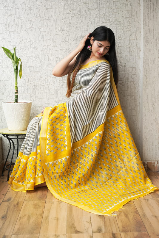 HAND BLOCK BLACK & WHITE PRINTED COTTON LINEN SAREE WITH BLOUSE (LCS170)