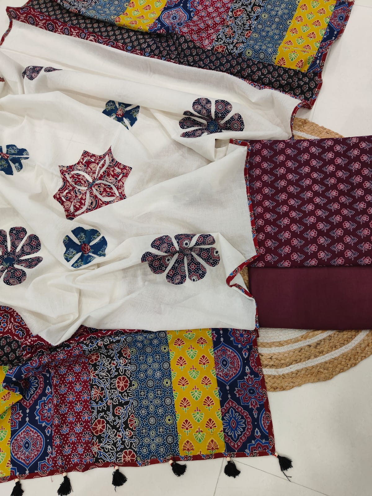 Ajarkh Print Suit Pcs With Patch Work And Mirror Work Dupatta (ASW05)