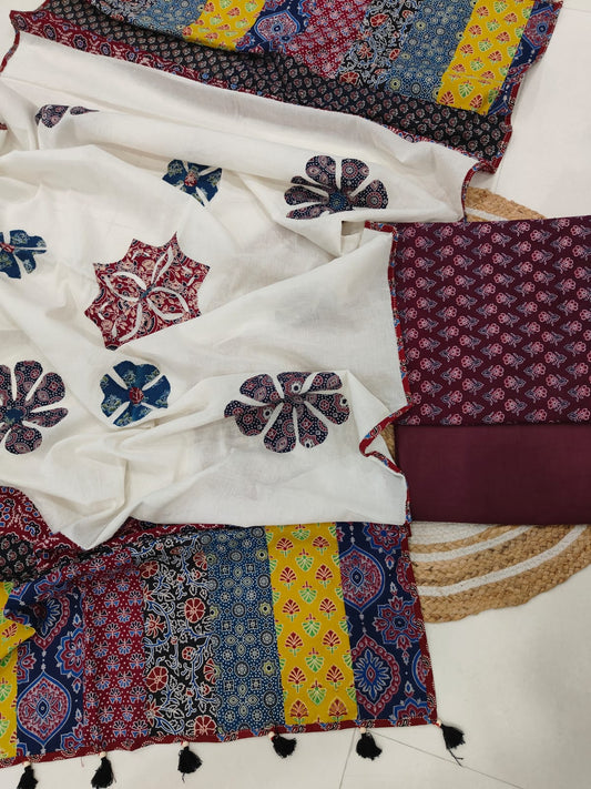 Ajarkh Print Suit Pcs With Patch Work And Mirror Work Dupatta (ASW05)