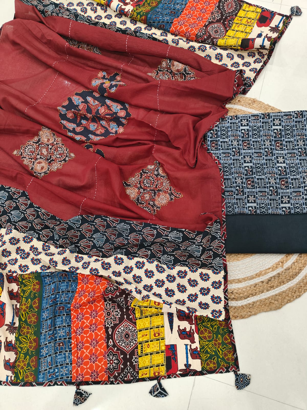 Ajarkh Print Suit Pcs With Patch Work And Mirror Work Dupatta (ASW06)
