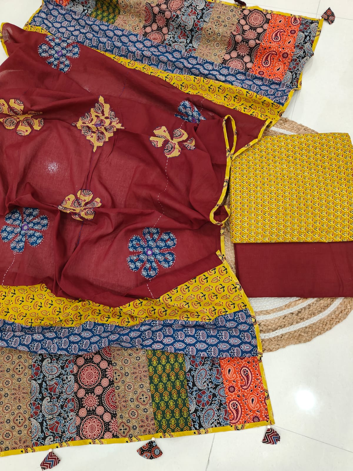 Ajarkh Print Suit Pcs With Patch Work And Mirror Work Dupatta (ASW07)