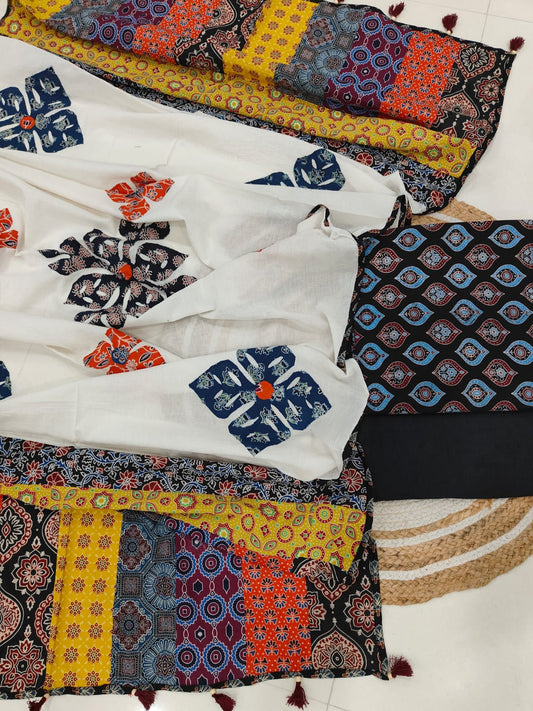 Ajarkh Print Suit Pcs With Patch Work And Mirror Work Dupatta (ASC014)