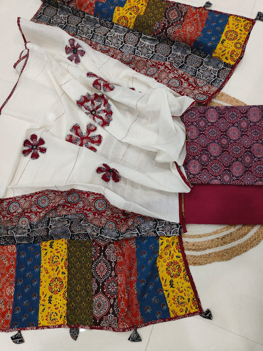Ajarkh Print Suit Pcs With Patch Work And Mirror Work Dupatta (ASC011)