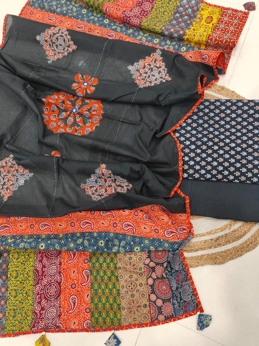 Ajarkh Print Suit Pcs With Patch Work And Mirror Work Dupatta (ASC012)
