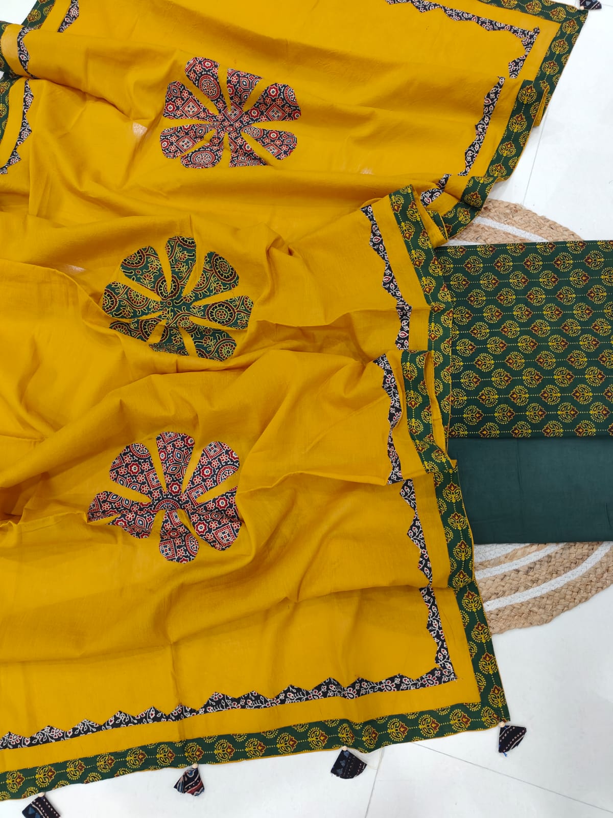 Ajarkh Print Suit Pcs With Patch Work And Mirror Work Dupatta (ASC019)