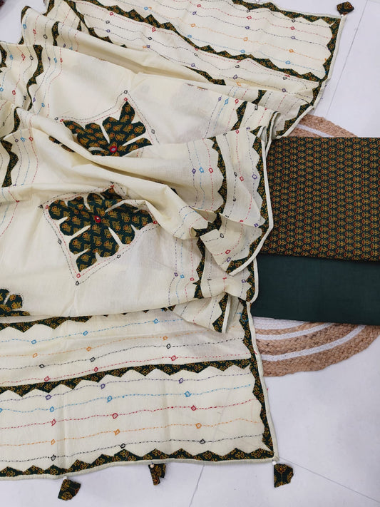 Ajarkh Print Suit Pcs With Patch Work And Mirror Work Dupatta (ASC022)