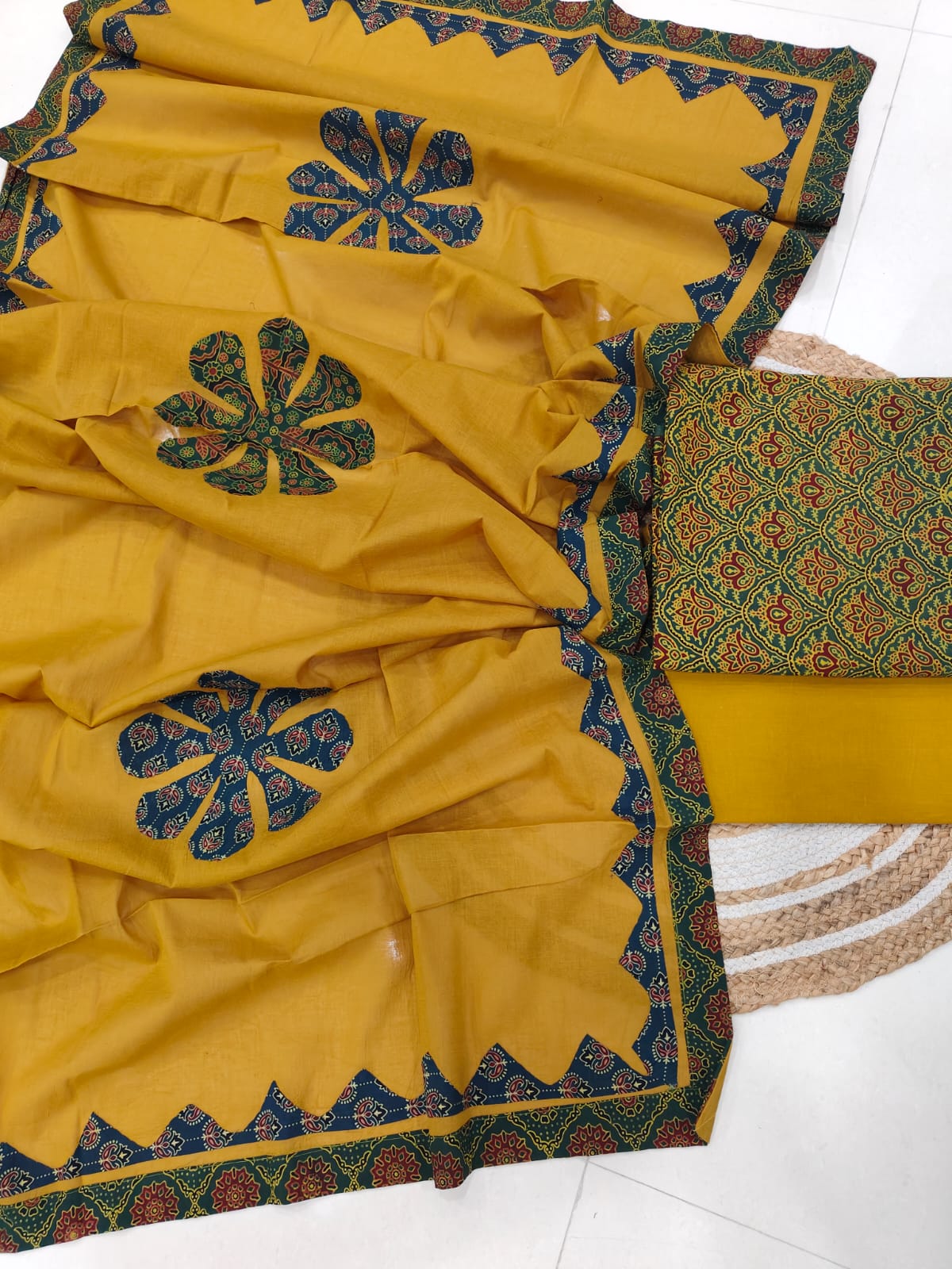 Ajarkh Print Suit Pcs With Patch Work And Mirror Work Dupatta (ASC027)