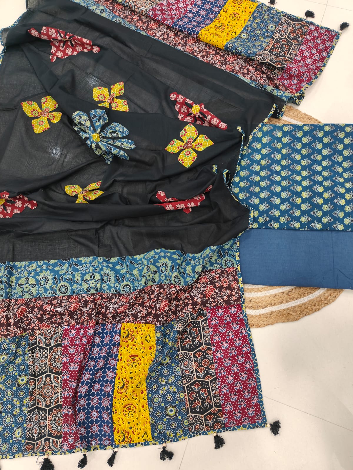 Ajarkh Print Suit Pcs With Patch Work And Mirror Work Dupatta (ASC028)