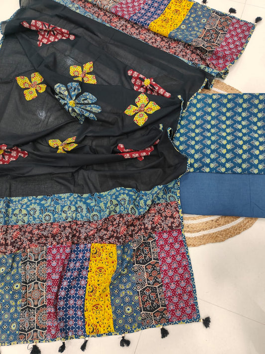 Ajarkh Print Suit Pcs With Patch Work And Mirror Work Dupatta (ASC028)
