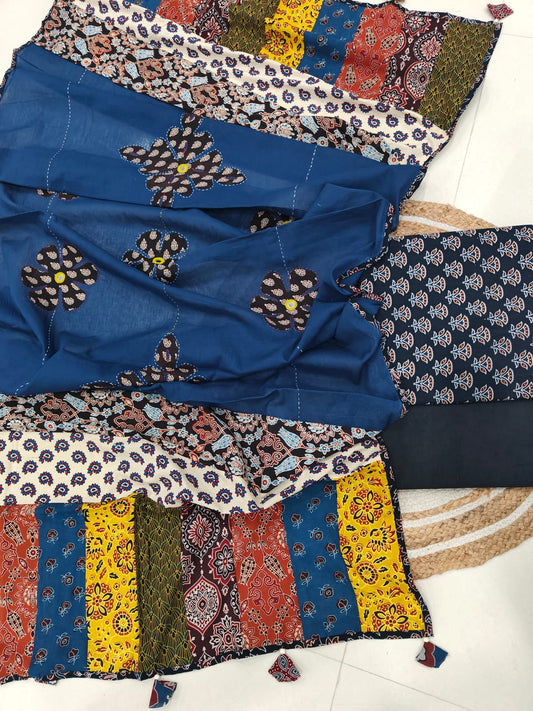 Ajarkh Print Suit Pcs With Patch Work And Mirror Work Dupatta (ASC026)