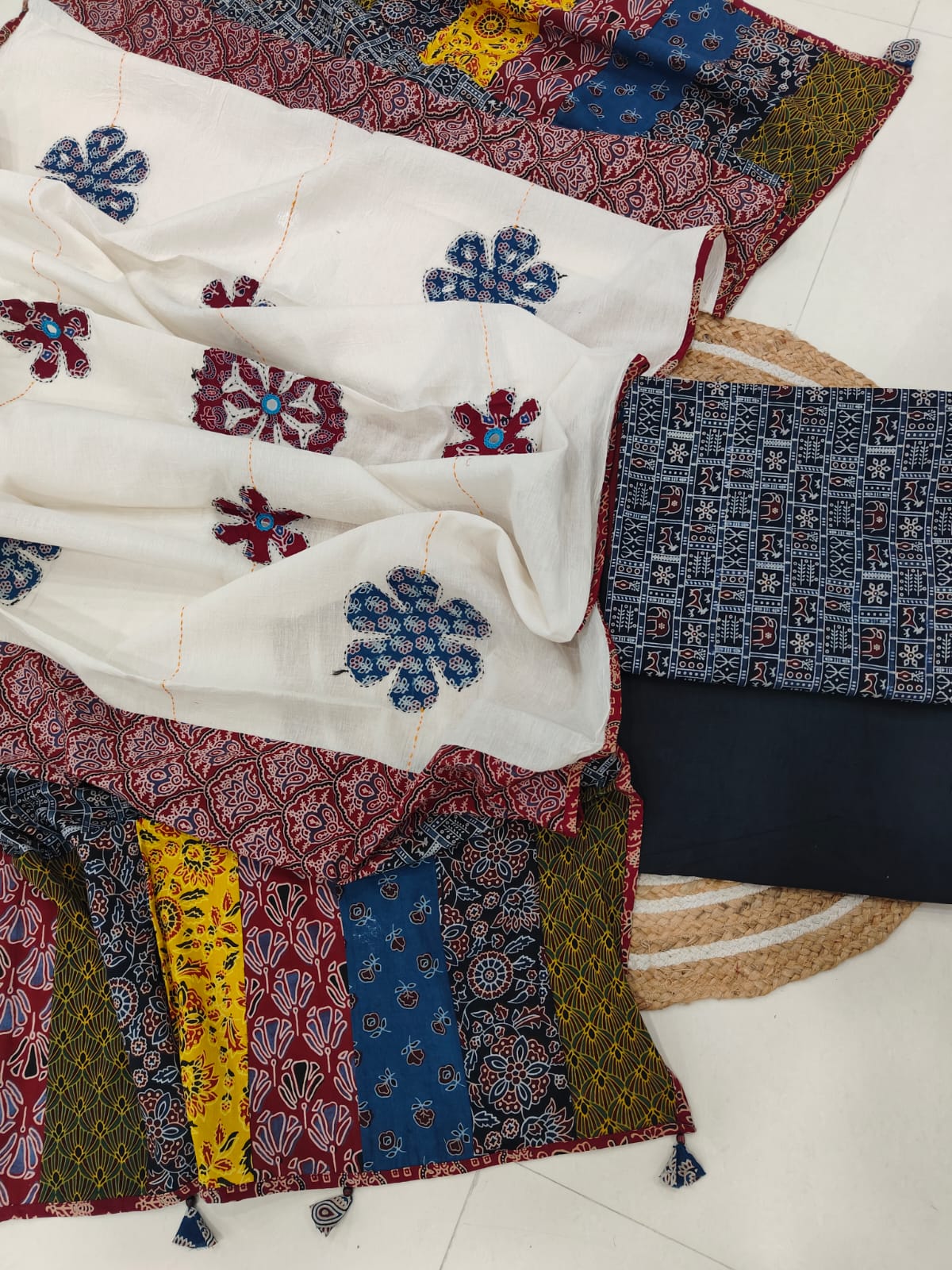 Ajarkh Print Suit Pcs With Patch Work And Mirror Work Dupatta (ASC029)