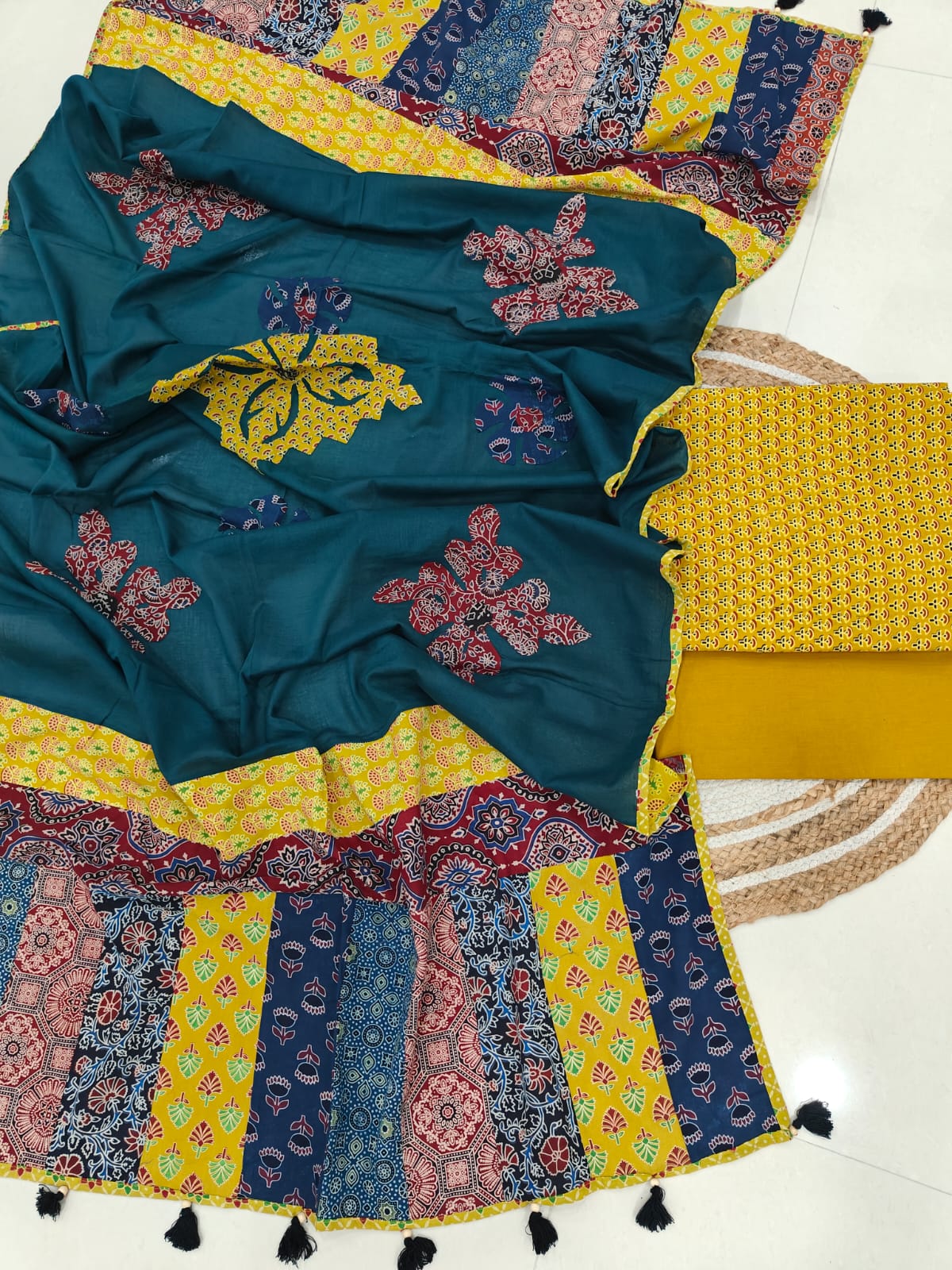 Ajarkh Print Suit Pcs With Patch Work And Mirror Work Dupatta (ASC034)