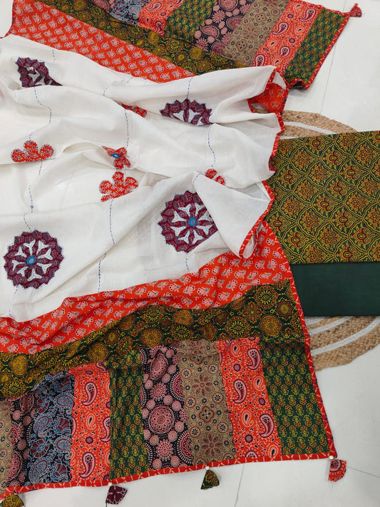 Ajarkh Print Suit Pcs With Patch Work And Mirror Work Dupatta (ASC032)