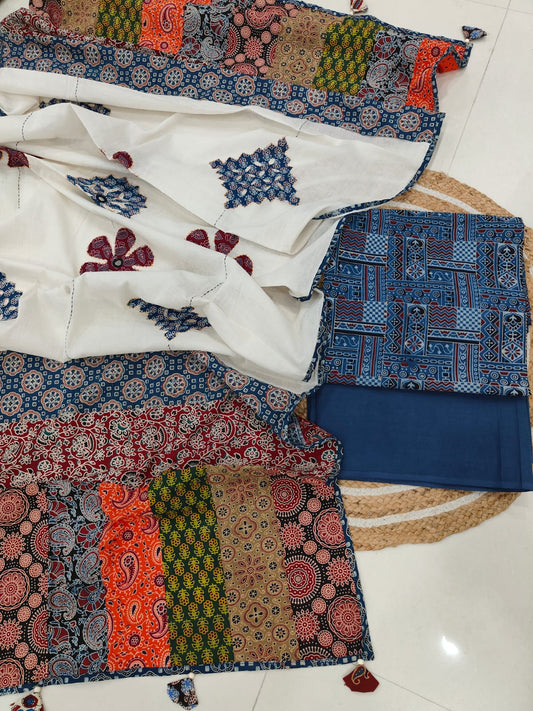Ajarkh Print Suit Pcs With Patch Work And Mirror Work Dupatta (ASC036)