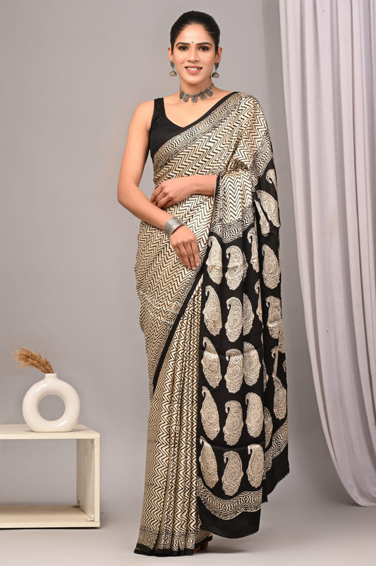 Ajrakh Hand Block Bagru Vanspati Printend Modal Silk Saree with Blouse (CID94)