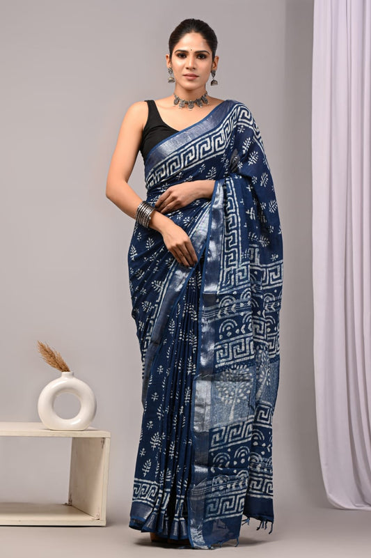 HAND BLOCK BLACK & WHITE PRINTED COTTON LINEN SAREE WITH BLOUSE (LCS175)