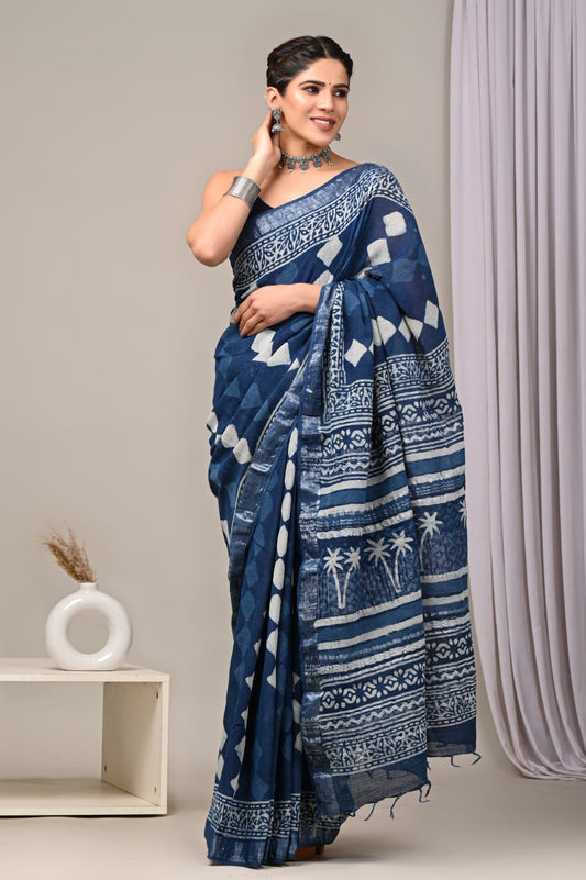 HAND BLOCK BLACK & WHITE PRINTED COTTON LINEN SAREE WITH BLOUSE (LCS181)