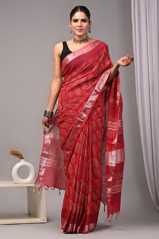 HAND BLOCK BLACK & WHITE PRINTED COTTON LINEN SAREE WITH BLOUSE (LCS180)