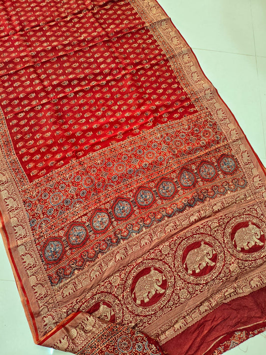 AJRAKH PRINTED PURE DOLA SILK SAREE WITH BLOUSE (MS50)