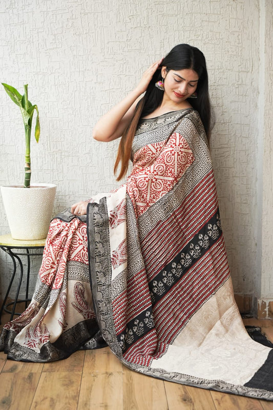 AJRAKH PRINTED PURE DOLA SILK SAREE WITH BLOUSE (MS49)
