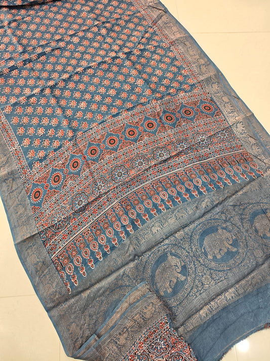 AJRAKH PRINTED PURE DOLA SILK SAREE WITH BLOUSE (MS52)