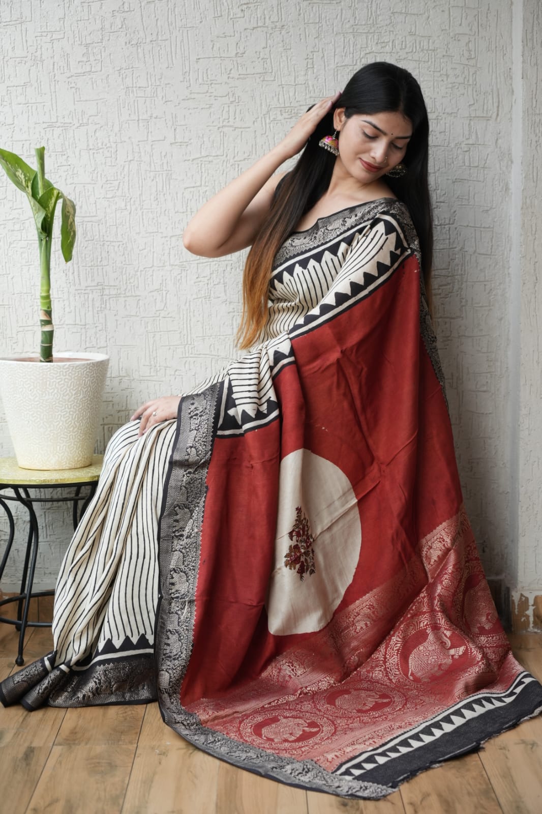 AJRAKH PRINTED PURE DOLA SILK SAREE WITH BLOUSE (MS60)