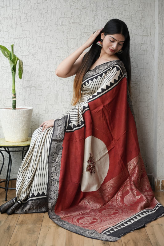 AJRAKH PRINTED PURE DOLA SILK SAREE WITH BLOUSE (MS60)