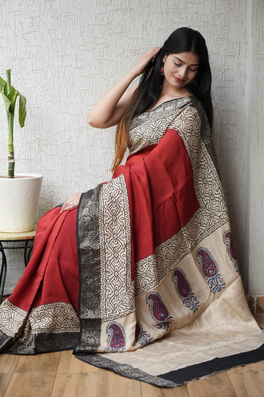 AJRAKH PRINTED PURE DOLA SILK SAREE WITH BLOUSE (MS64)