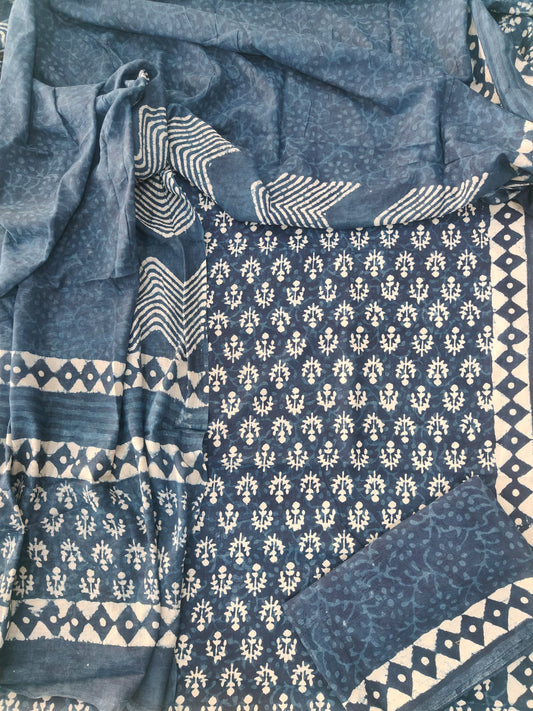 HAND BLOCK PRINTED COTTON 3-PIS SUIT WITH MULMUL DUPPATA (CMS114)