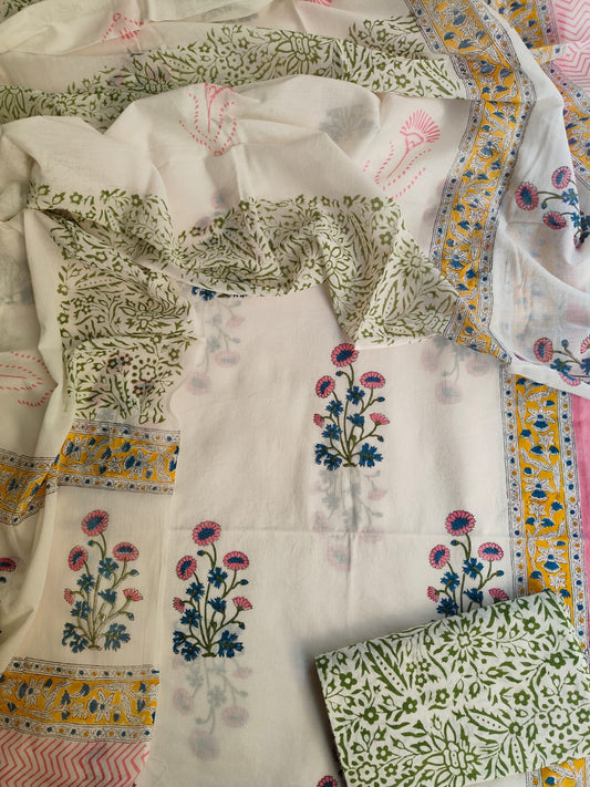 HAND BLOCK PRINTED COTTON 3-PIS SUIT WITH MULMUL DUPPATA (CMS122)