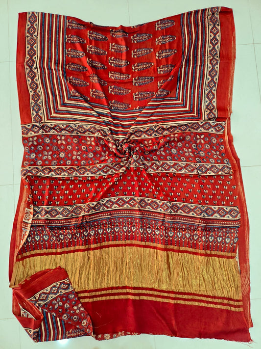 HAND BLOCK PRINTED Modal Silk Lagdi Patta SareeSAREE (CIG80)