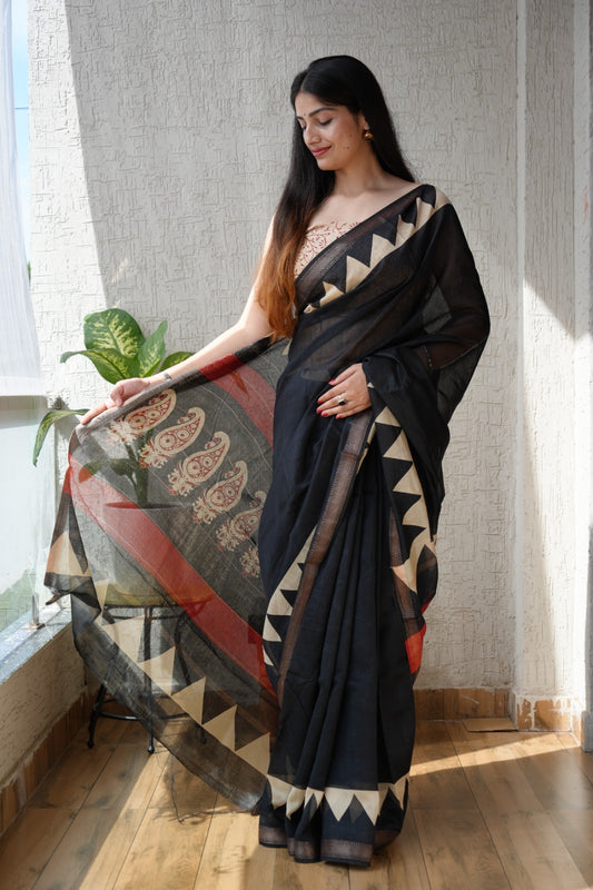 Jaipuri Hand Block Bagru Printed Maheshwari Silk Saree With Blouse (MSS158)