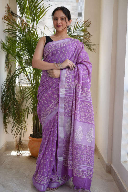 HAND BLOCK BLACK & WHITE PRINTED COTTON LINEN SAREE WITH BLOUSE (LCS187)