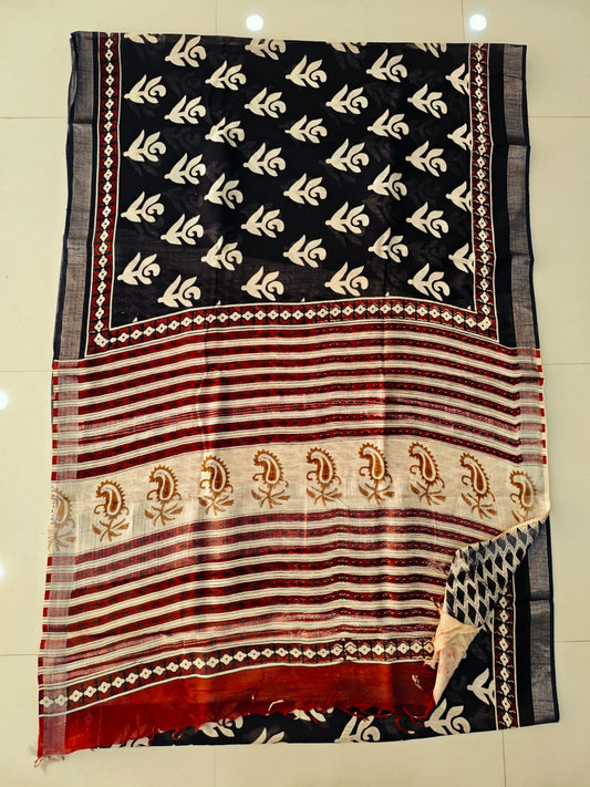 HAND BLOCK BLACK & WHITE PRINTED COTTON LINEN SAREE WITH BLOUSE (LCS194)