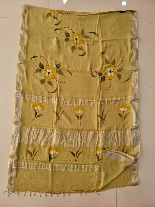 HAND BLOCK BLACK & WHITE PRINTED COTTON LINEN SAREE WITH BLOUSE (LCS193)