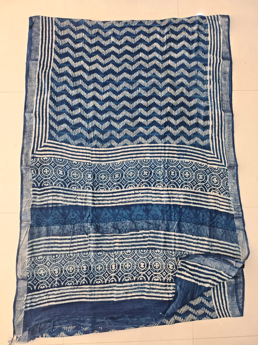 HAND BLOCK BLACK & WHITE PRINTED COTTON LINEN SAREE WITH BLOUSE (LCS197)
