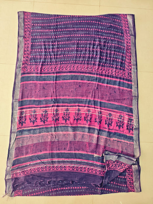 HAND BLOCK BLACK & WHITE PRINTED COTTON LINEN SAREE WITH BLOUSE (LCS201)