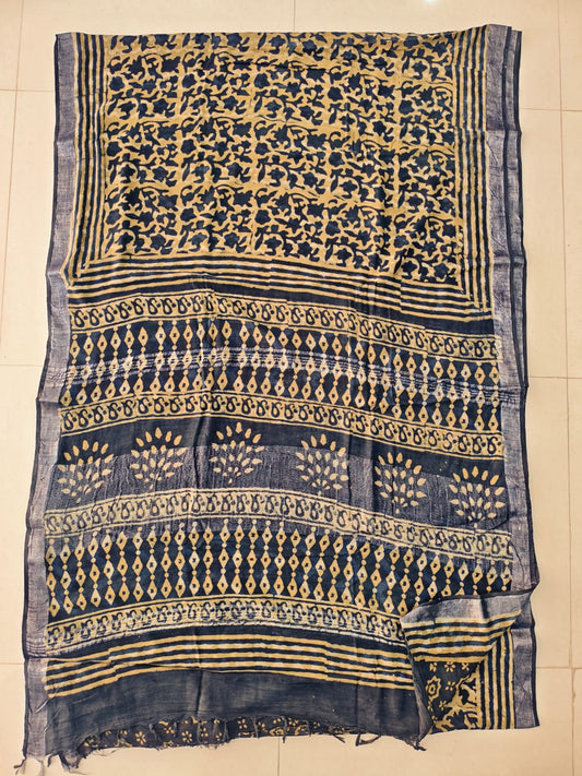 HAND BLOCK BLACK & WHITE PRINTED COTTON LINEN SAREE WITH BLOUSE (LCS202)