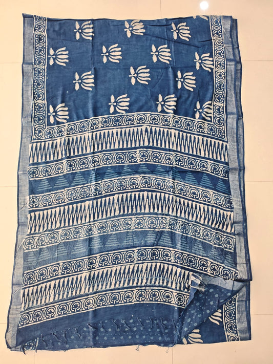 HAND BLOCK BLACK & WHITE PRINTED COTTON LINEN SAREE WITH BLOUSE (LCS208)