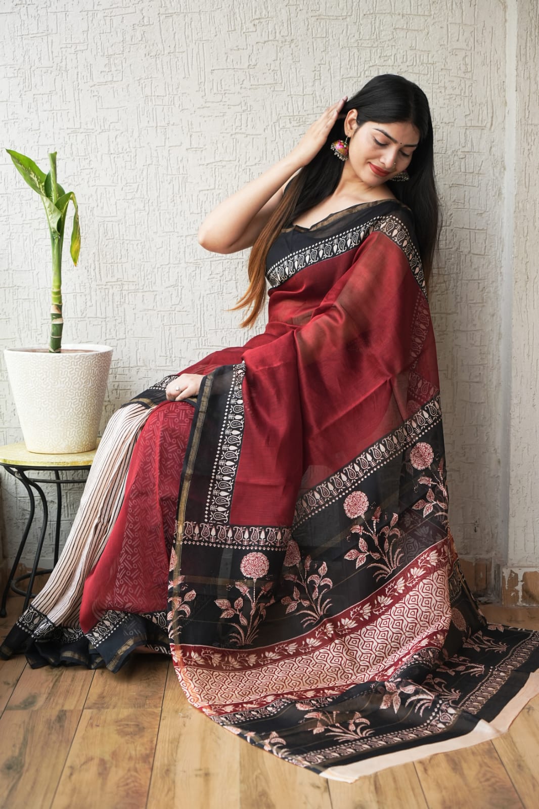Bagru Hand Block Printed Chanderi Silk Saree with Blouse (CSS129)