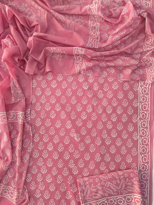 HAND BLOCK PRINTED COTTON 3-PIS SUIT WITH MULMUL DUPPATA (CMS123)
