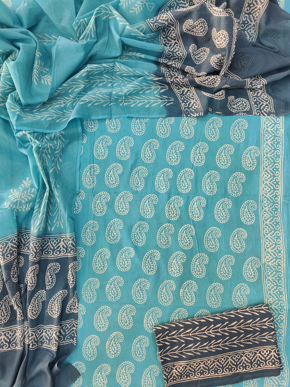 HAND BLOCK PRINTED COTTON 3-PIS SUIT WITH MULMUL DUPPATA (CMS128)