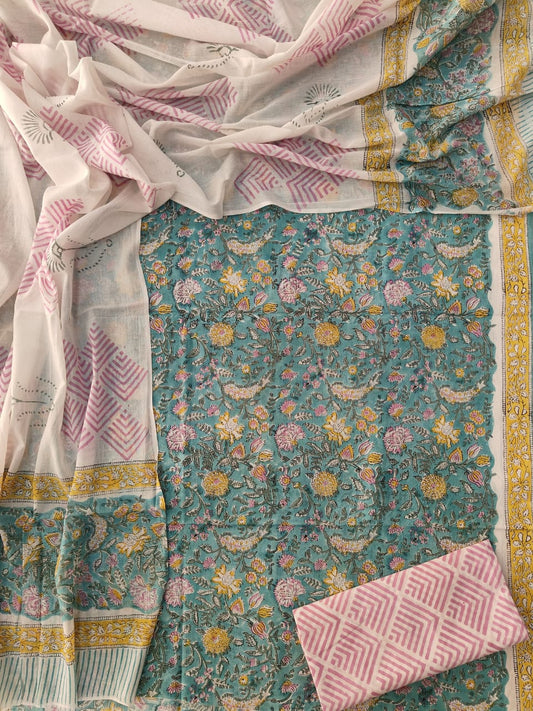 HAND BLOCK PRINTED COTTON 3-PIS SUIT WITH MULMUL DUPPATA (CMS129)