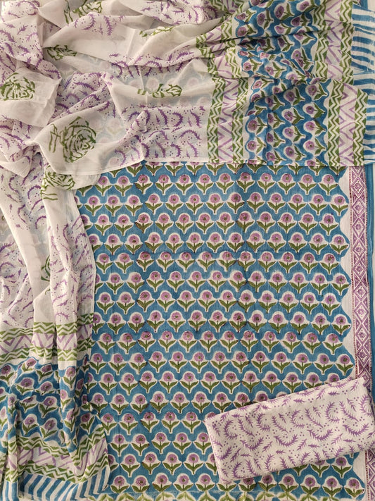 HAND BLOCK PRINTED COTTON 3-PIS SUIT WITH MULMUL DUPPATA (CMS130)