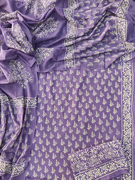 HAND BLOCK PRINTED COTTON 3-PIS SUIT WITH MULMUL DUPPATA (CMS133)