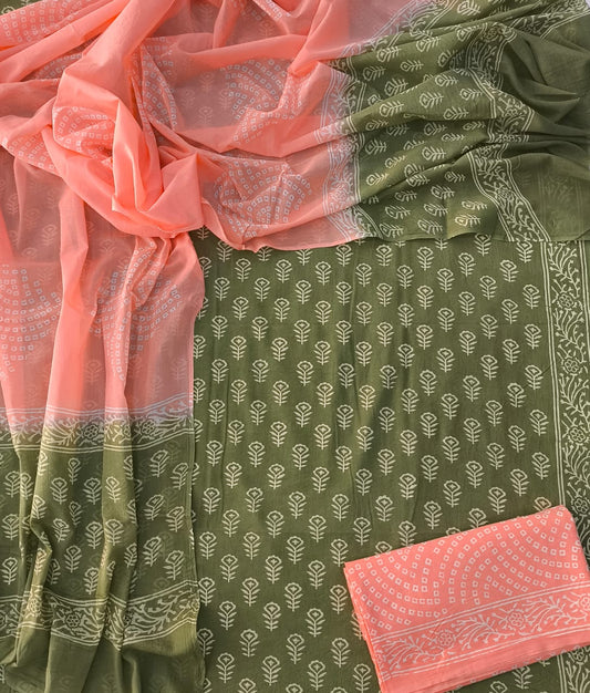 HAND BLOCK PRINTED COTTON 3-PIS SUIT WITH MULMUL DUPPATA (CMS141)