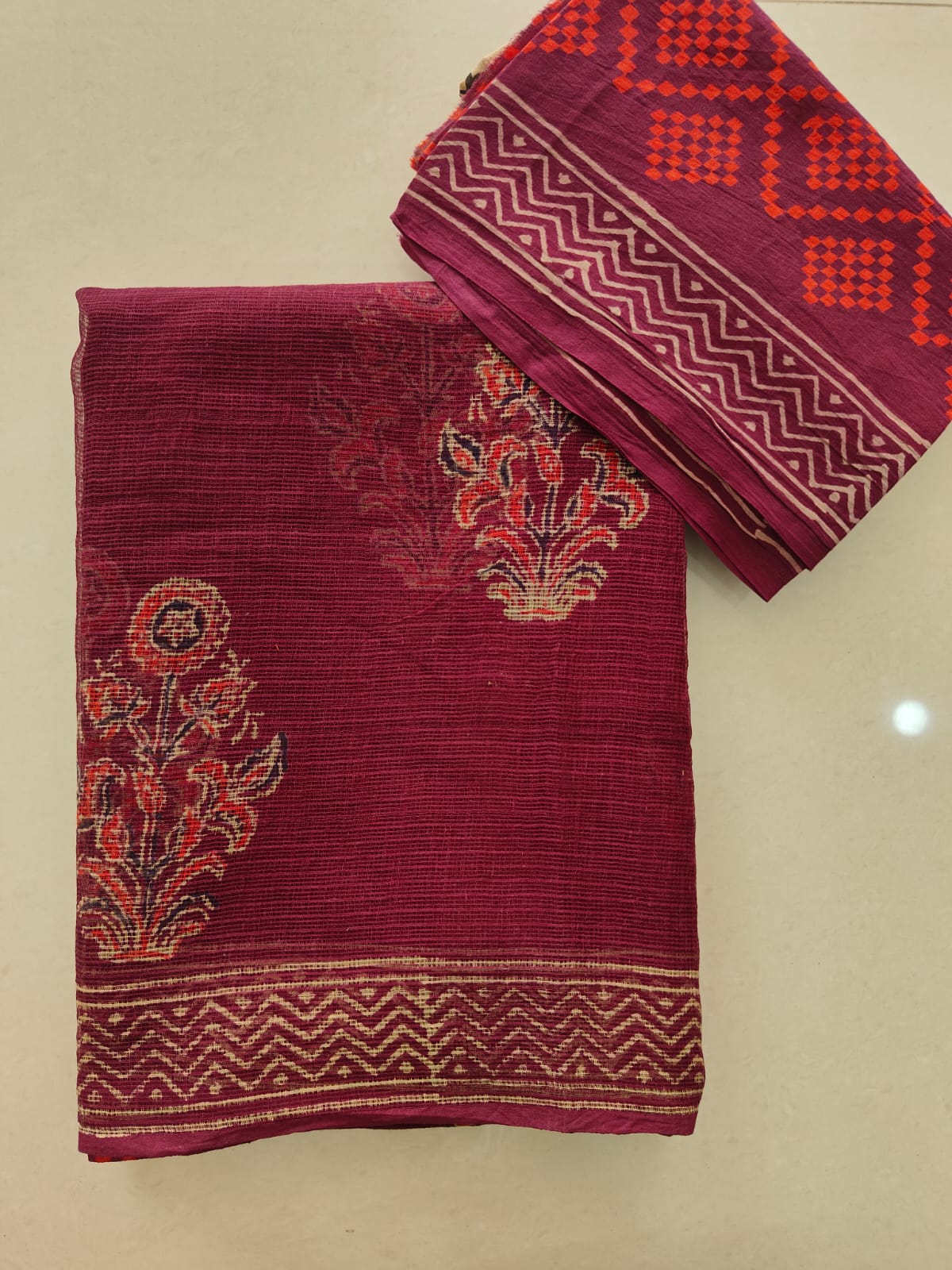 HAND BLOCK BAGRU PRINTED KOTA DORIYA SAREE WITH MULMUL BLOUSE (KDS93)