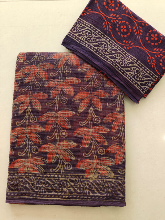 HAND BLOCK BAGRU PRINTED KOTA DORIYA SAREE WITH MULMUL BLOUSE (KDS111)